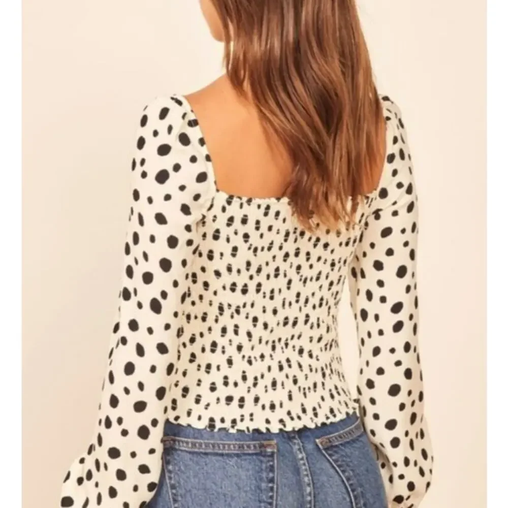 NWT Reformation Reign Polka Dot Corset Smocked Puff Sleeve Top 12